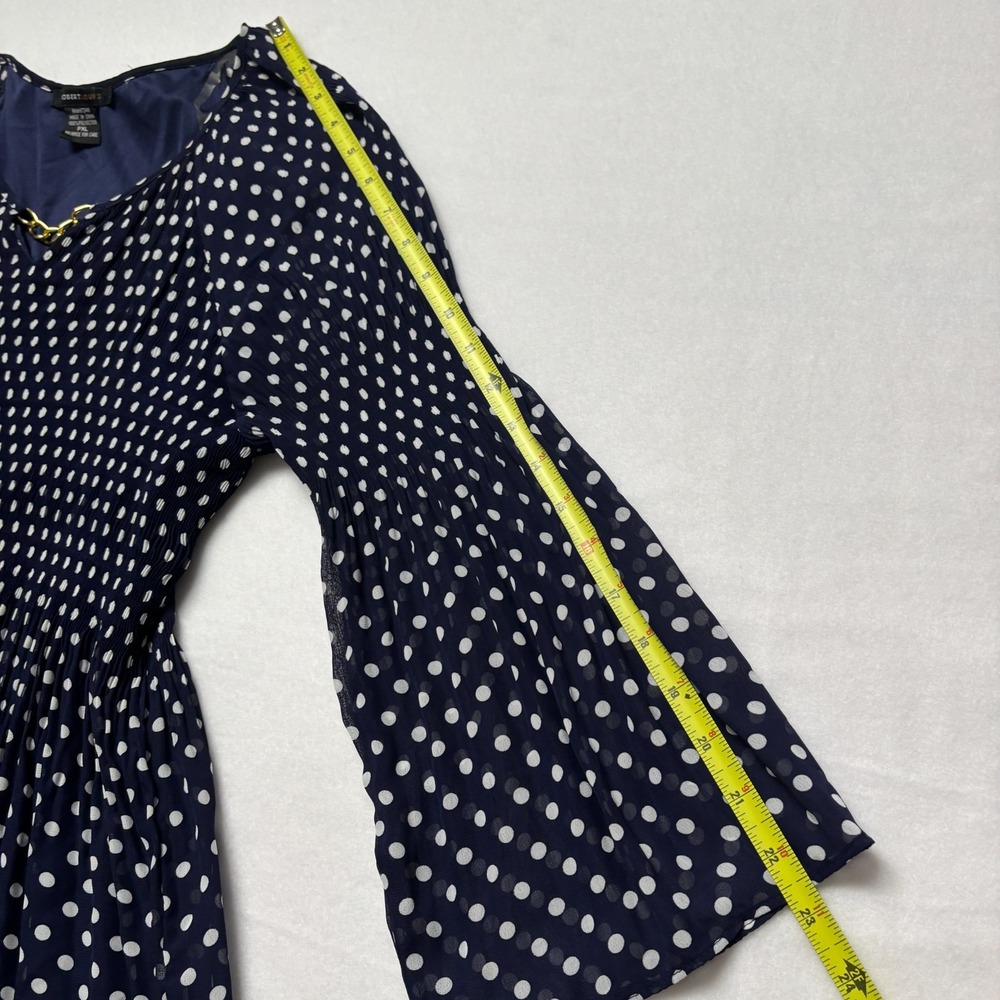 Robert Louis Navy Polka Dot PXL Pleated Bell Sleeve V Neck Midi Whimsigoth Retro - Picture 6 of 9